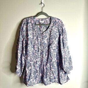 J. Jill LoveLinen Pink Blue Paisley Print 100% Linen Popover Blouse Sz 4X